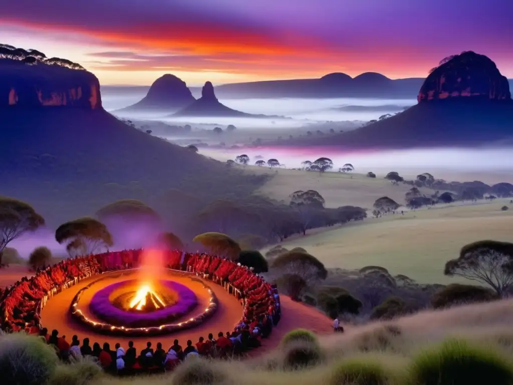 Festivales tradicionales aborígenes australianos: paisaje sagrado al atardecer con gente aborigen alrededor de una fogata