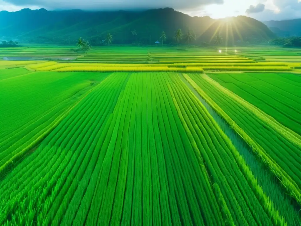 Tradición Festival Cosecha Arroz Filipinas: Vista aérea impresionante campo arroz verde durante cosecha, agricultores filipinos trabajando