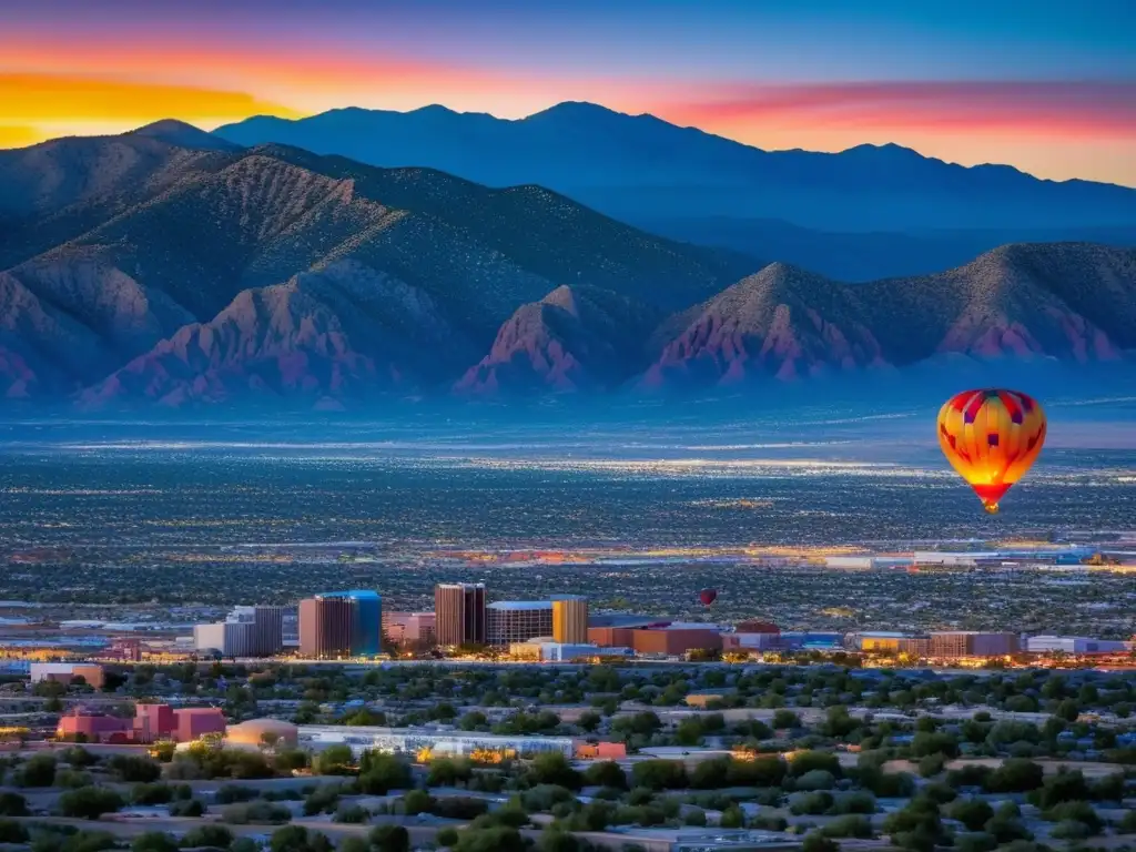 -Vista impresionante del horizonte de Albuquerque al amanecer, con las majestuosas Montañas Sandia de fondo