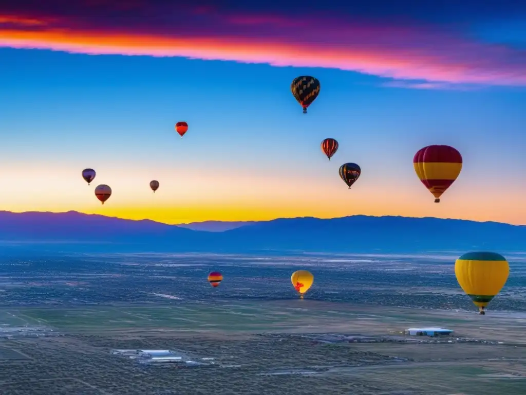 Festival globos Albuquerque Nuevo México: Vista impresionante del amanecer en el Festival de Globos de Albuquerque, con cientos de coloridos globos aerostáticos en el cielo