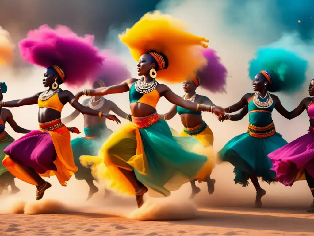 Baile ritual africano en festival, con danzantes en trajes tradicionales y ambiente vibrante