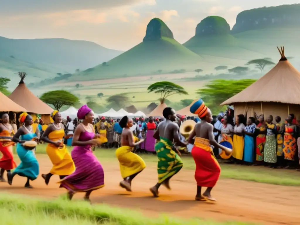 Festivales tradicionales en África: vibrante celebración rural con danzas, tambores y vestimentas coloridas en un escenario místico