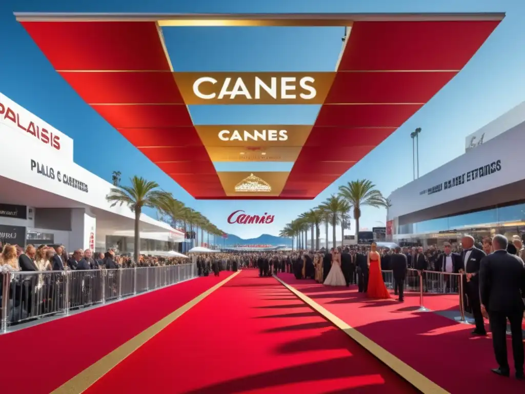 Alfombra roja de los Festivales de cine internacionales en Cannes con celebridades, fotógrafos y fans emocionados