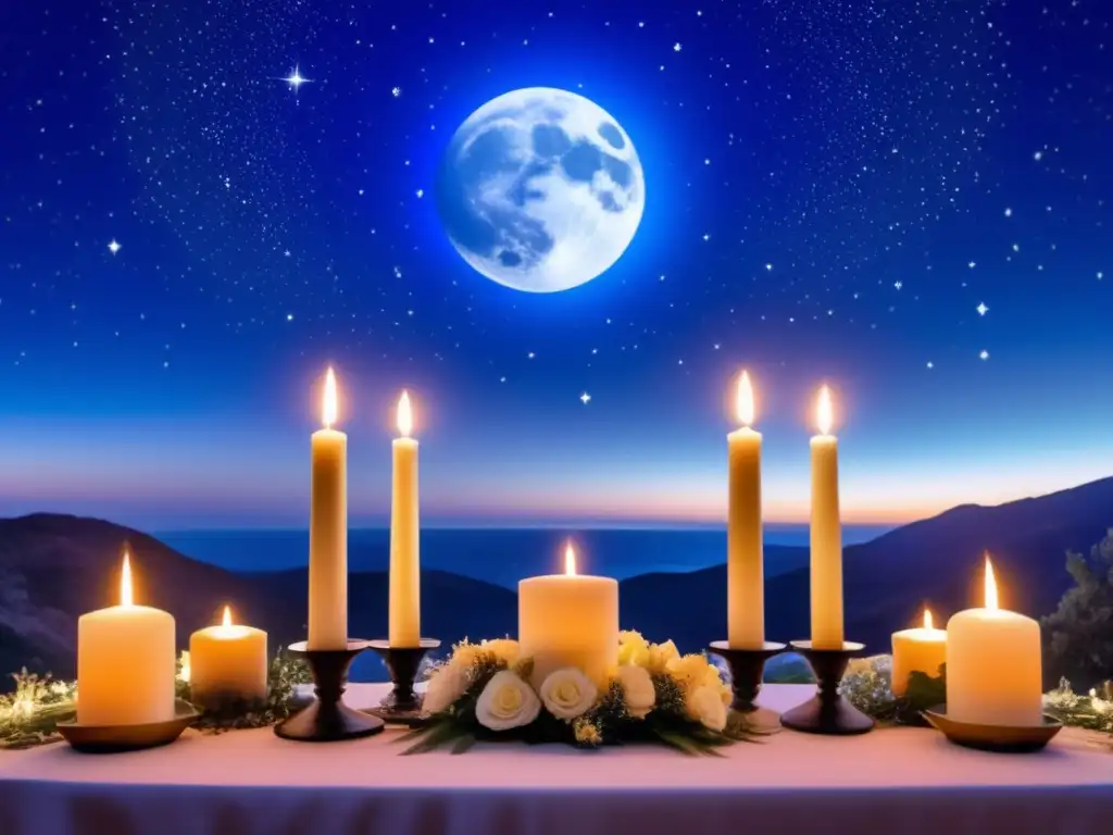 Significado rituales luna nueva: altar mágico con cielo estrellado, meditación y conexión espiritual