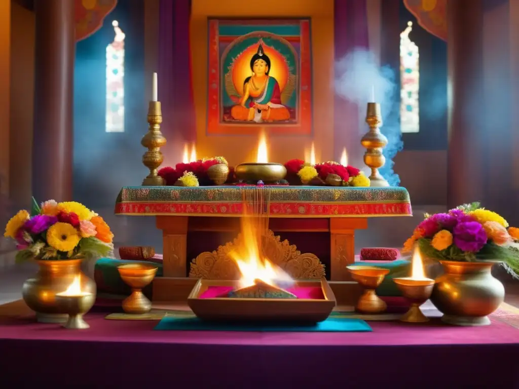 Altar vibrante y decorado simbolizando festivales religiosos tradicionales, con devotos en ceremonia solemnemente reverentes