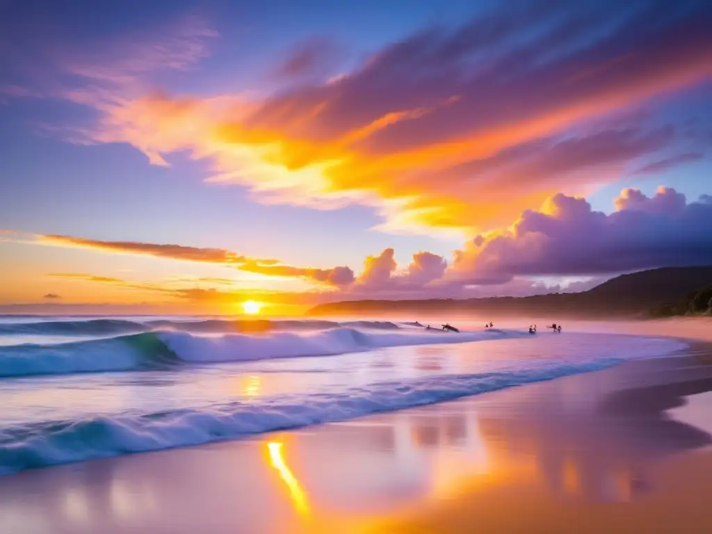 Un amanecer dorado sobre una playa australiana, con olas rompiendo en la orilla