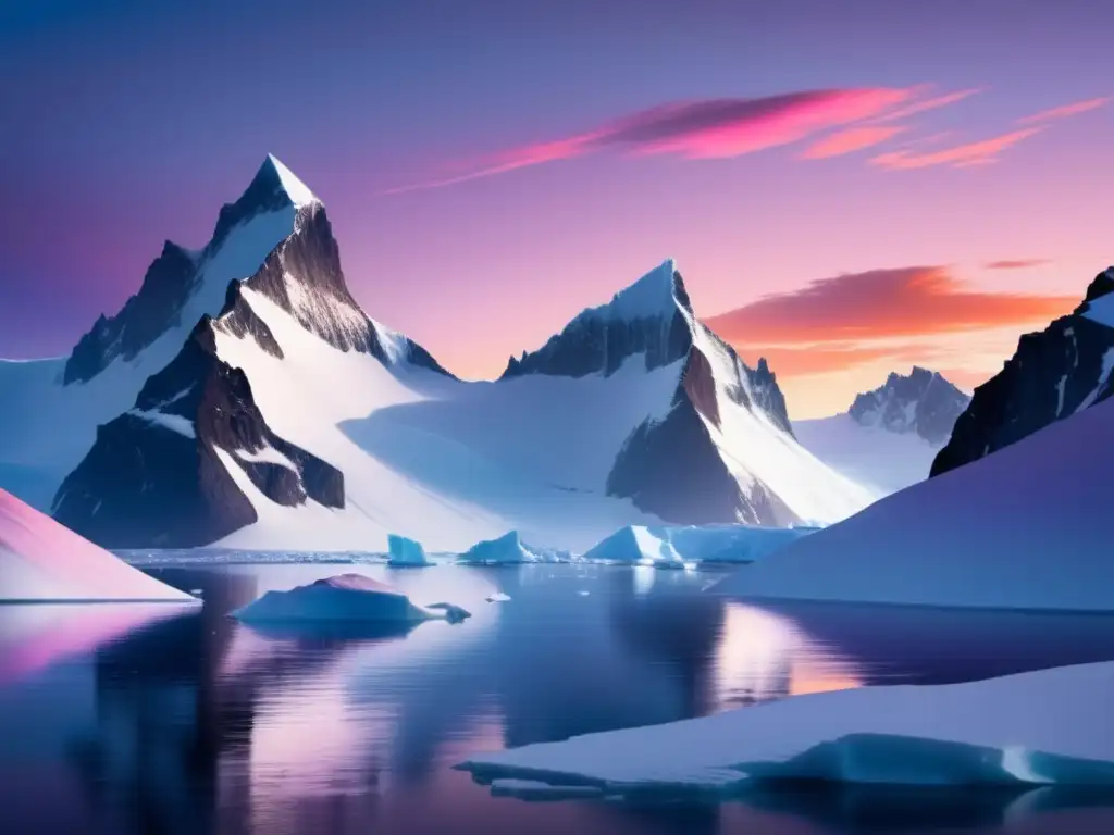 Festivales tradicionales en la Antártida: impresionante paisaje con montañas nevadas, cielo colorido y un sol dorado iluminando un pingüino solitario