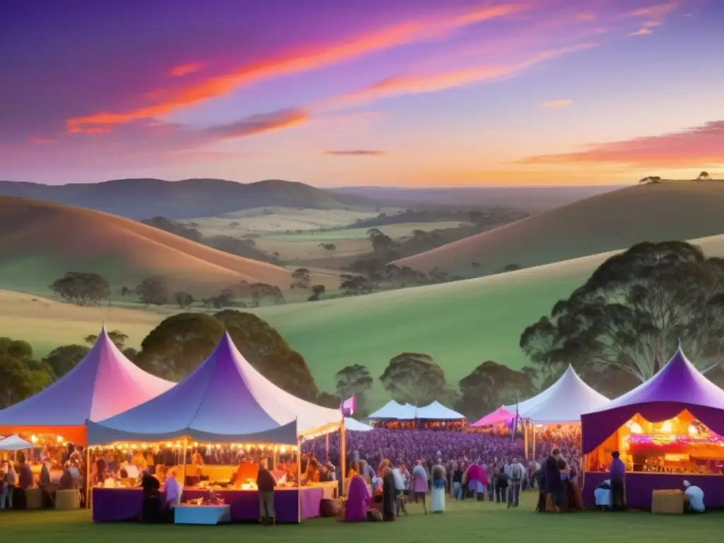 Festivales tradicionales Australia: Escena impresionante de paisaje australiano al atardecer con colinas, cielo vibrante y actividades festivas