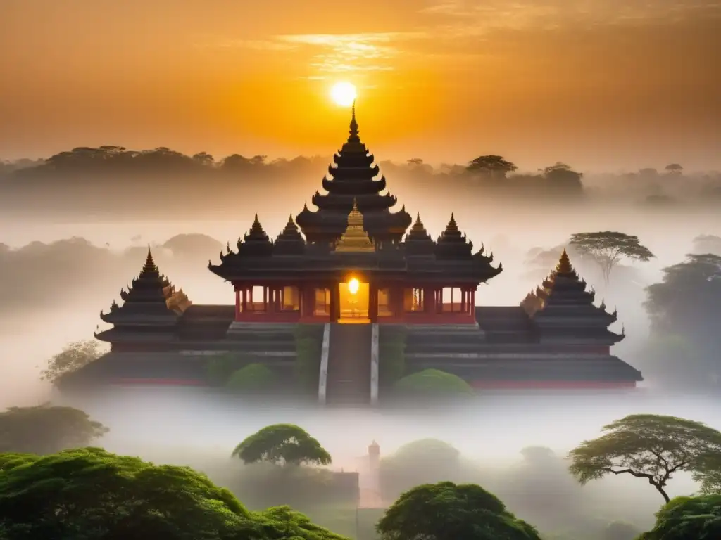 Sunrise en un templo rodeado de niebla, belleza y tranquilidad de festivales religiosos tradicionales en todo el mundo