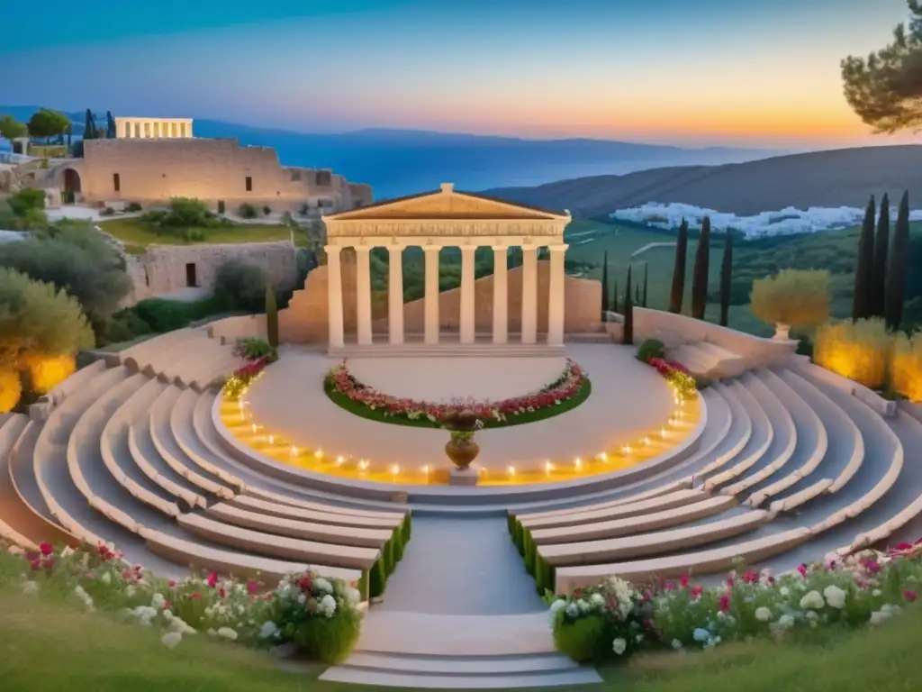 Festival danza de espadas en Grecia: magnífico anfiteatro al aire libre, bailarines tradicionales con espadas, público asombrado