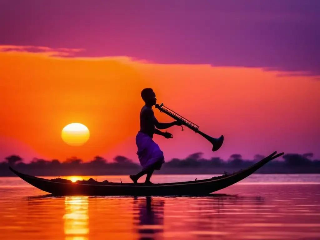 Festival música Kora Gambia: Vibrante atardecer sobre el Río Gambia con músico tocando la Kora, reflejando serenidad y riqueza cultural