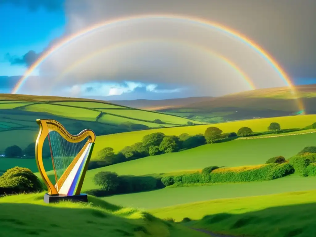 Paisaje irlandés con arco iris, olla de oro, arpa celta, tréboles y palomas, evocando la historia del Día de San Patricio