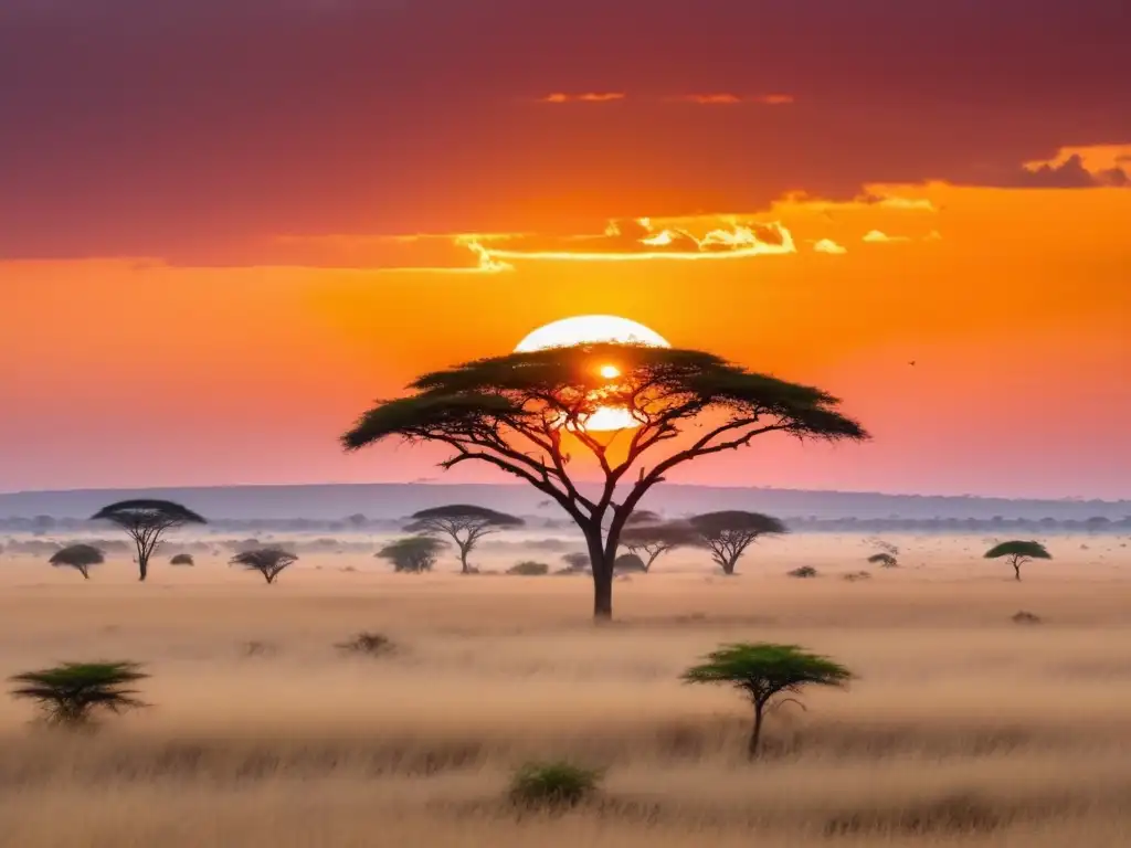 Impresionante atardecer en la sabana africana con girafas y paisaje sereno