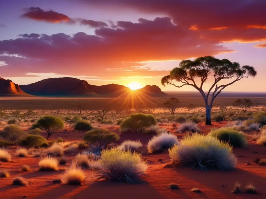 Festivales tradicionales Australia: Atardecer en el Outback australiano, con tierra roja, árboles de eucalipto y una reunión aborigen