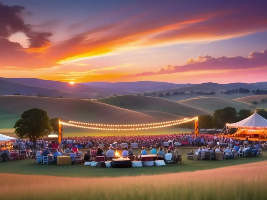 Impresionante escena de atardecer sobre un amplio campo abierto con colinas ondulantes