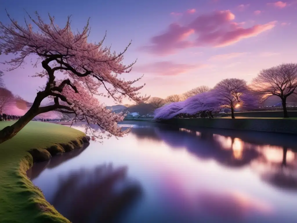 Historia y significado de Pascua en diferentes culturas: paisaje sereno al atardecer con río, cerezos en flor y puente histórico