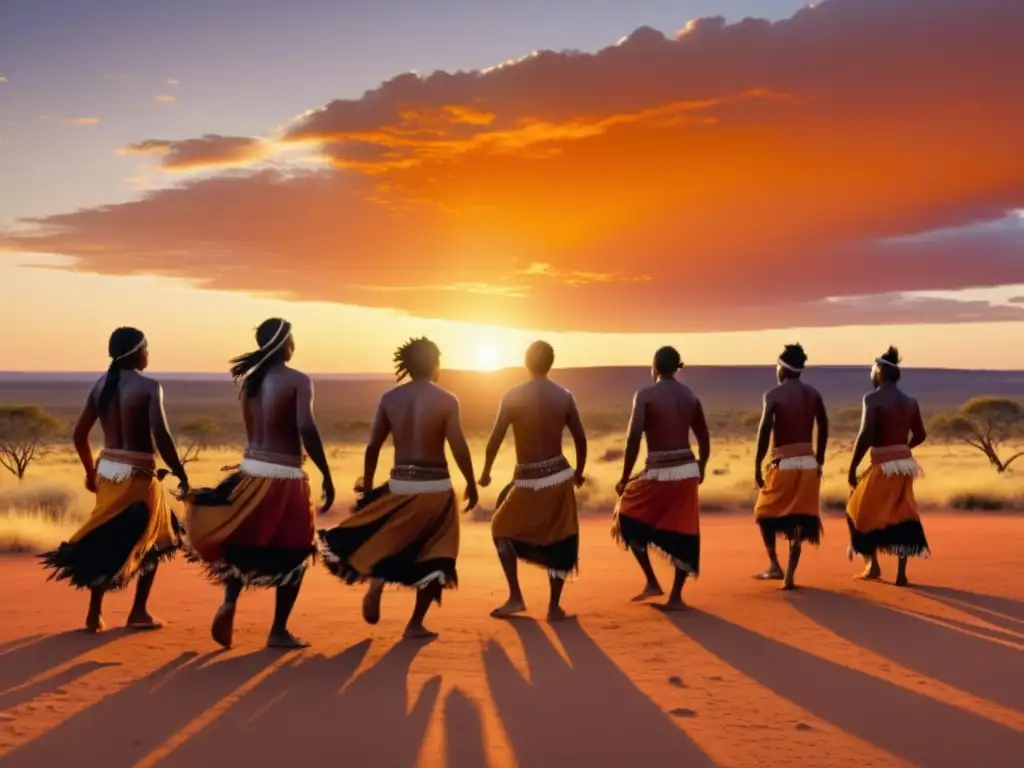 Festivales aborígenes Australia tradición: panorámica del Outback australiano al atardecer con danzas ceremoniales y pinturas corporales