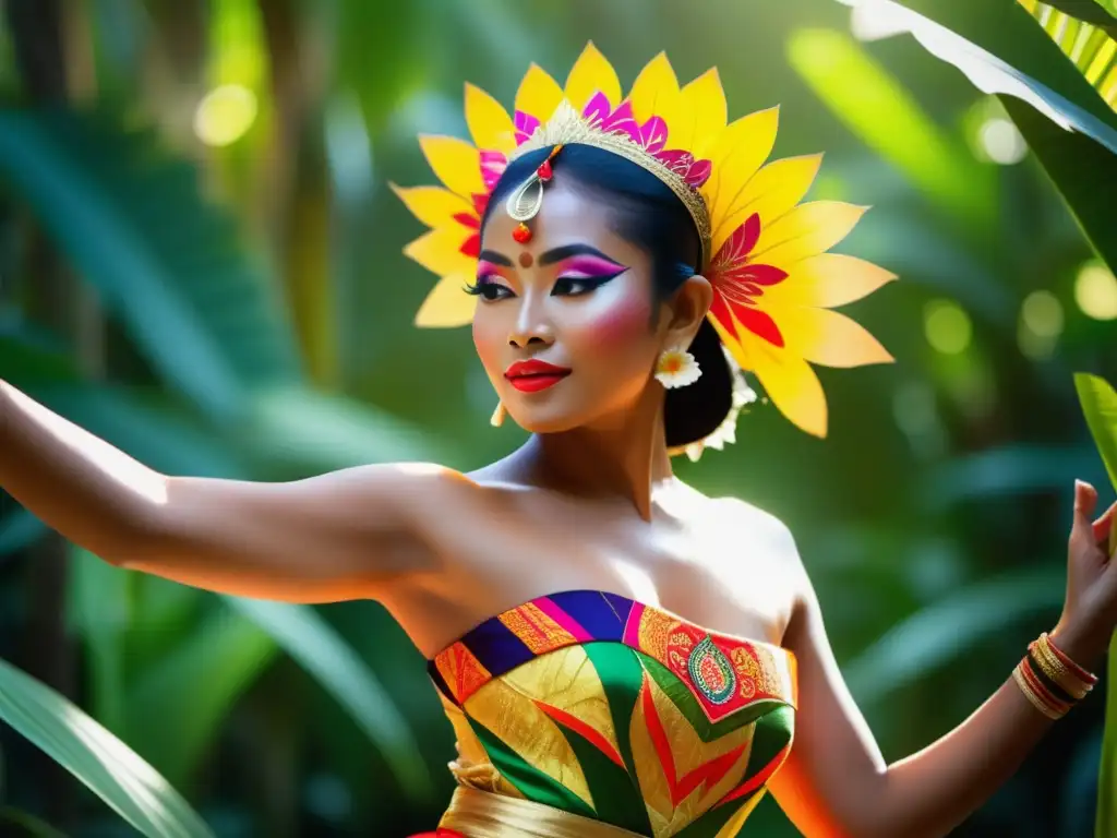 Significado simbolismo indumentaria Bali: Dancer in vibrant costume against lush foliage, capturing essence of Balinese culture