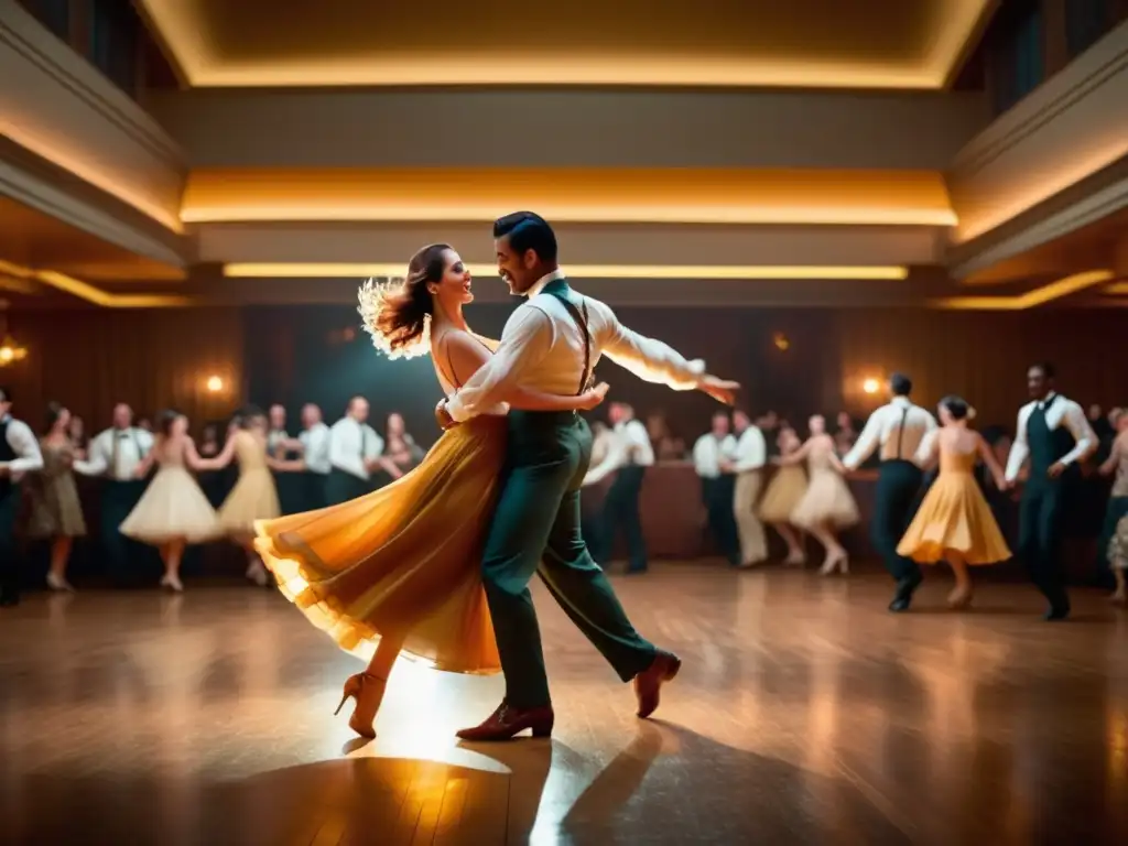 Baile vibrante en una pista iluminada, parejas en atuendo vintage, expresiones llenas de alegría y pasión, creando una atmósfera nostálgica