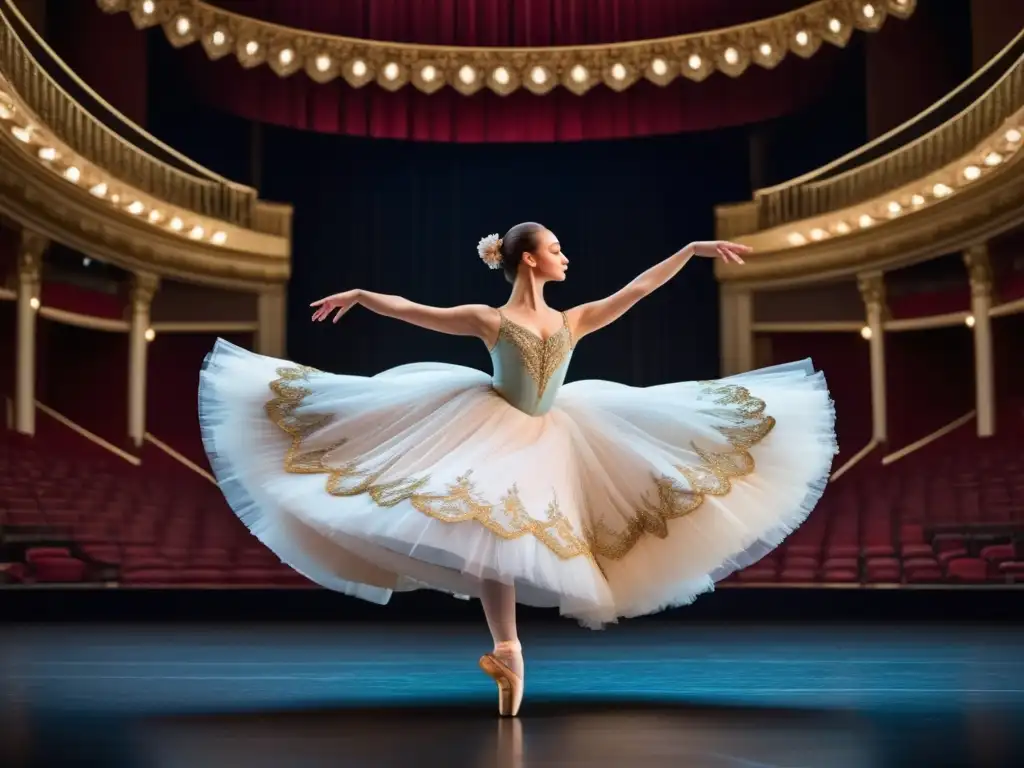 Influencias históricas en vestuario festivales ballet: una imagen impresionante de una bailarina en puntas en un teatro, con un vestuario inspirado en obras literarias clásicas