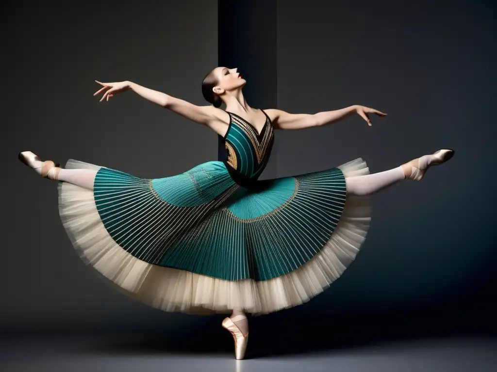 Influencias históricas ballet: traje Art Deco, Ballet Ruso y vanguardia del siglo XX en pose deslumbrante