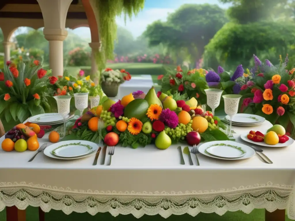 Tradiciones culinarias festivas en el mundo: Banquete en jardín rodeado de flores vibrantes, platos tentadores y centro de frutas y vegetales