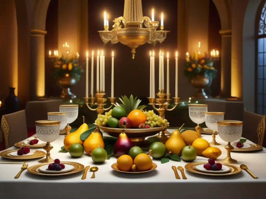 Evolución gastronomía festividades: banquete lujoso en salón antiguo con frutas exóticas, copas doradas y cubertería ornamental