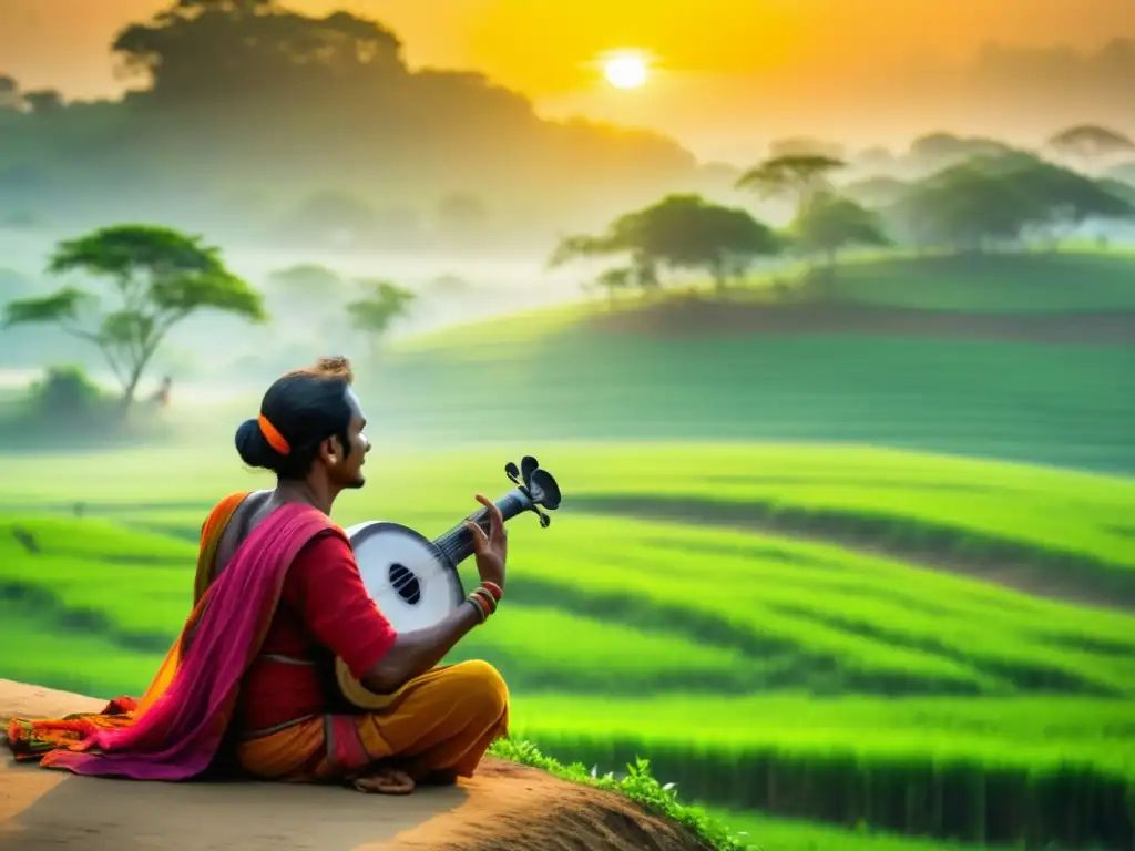 Peligro de desvanecerse Festival Música Baul Bangladesh: Encantadora imagen rural con músico Baul, paisaje verde y amenaza moderna