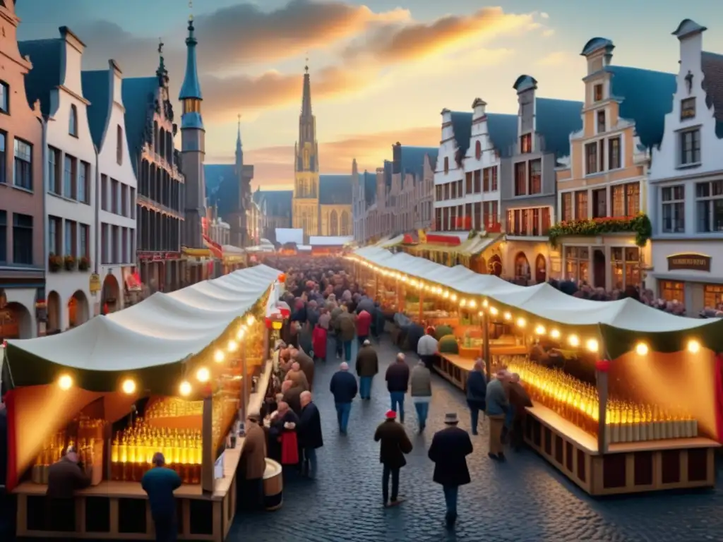 Festival tradicional de cerveza en Bélgica con arquitectura pintoresca, gente alegre y variedad de cervezas belgas en mesas de madera