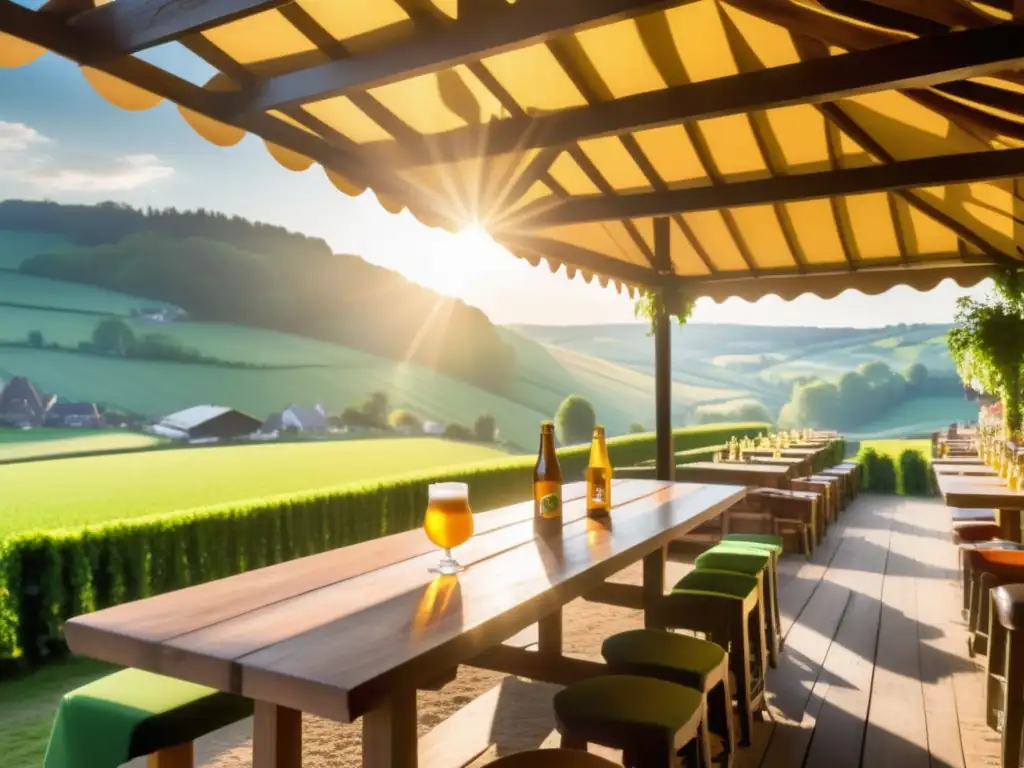 Paisaje impresionante de la campiña belga con colinas verdes y un jardín de cerveza colorido