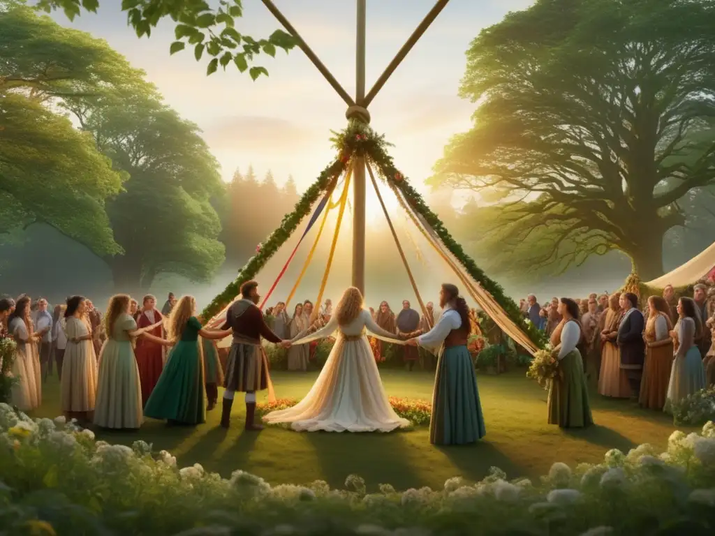 Imagen: Festival de Beltane, raíces celtas, bosque mágico al amanecer con danza alrededor del Maypole