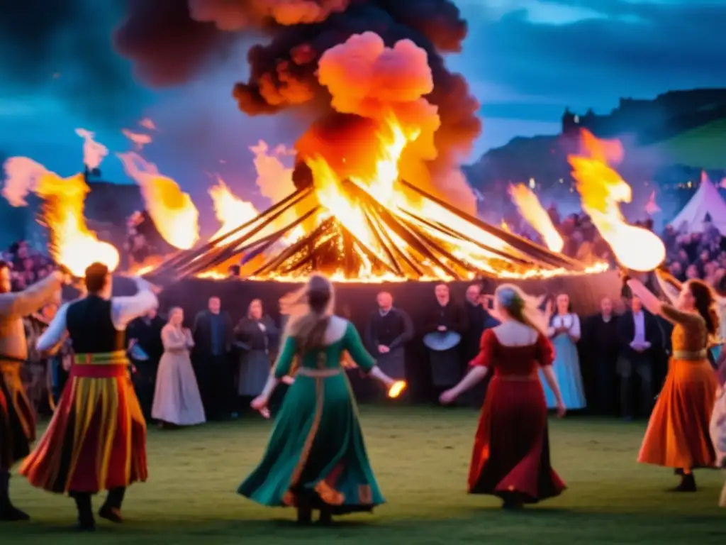 Escena impresionante del Beltane Fire Festival en Edimburgo, con tradiciones celtas y vibrantes colores