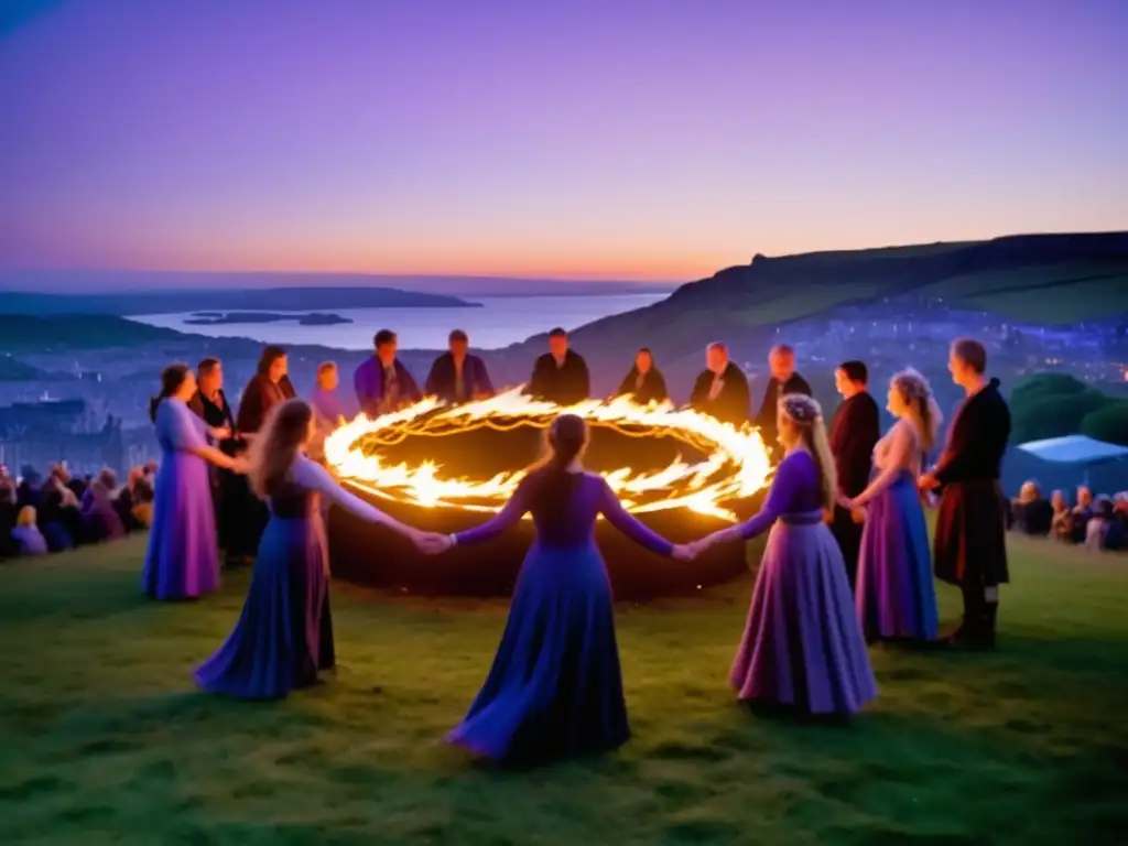 Tradiciones celtas en Beltane Fire Festival Edimburgo, con fuego, vestimenta vibrante, naturaleza y energía ancestral