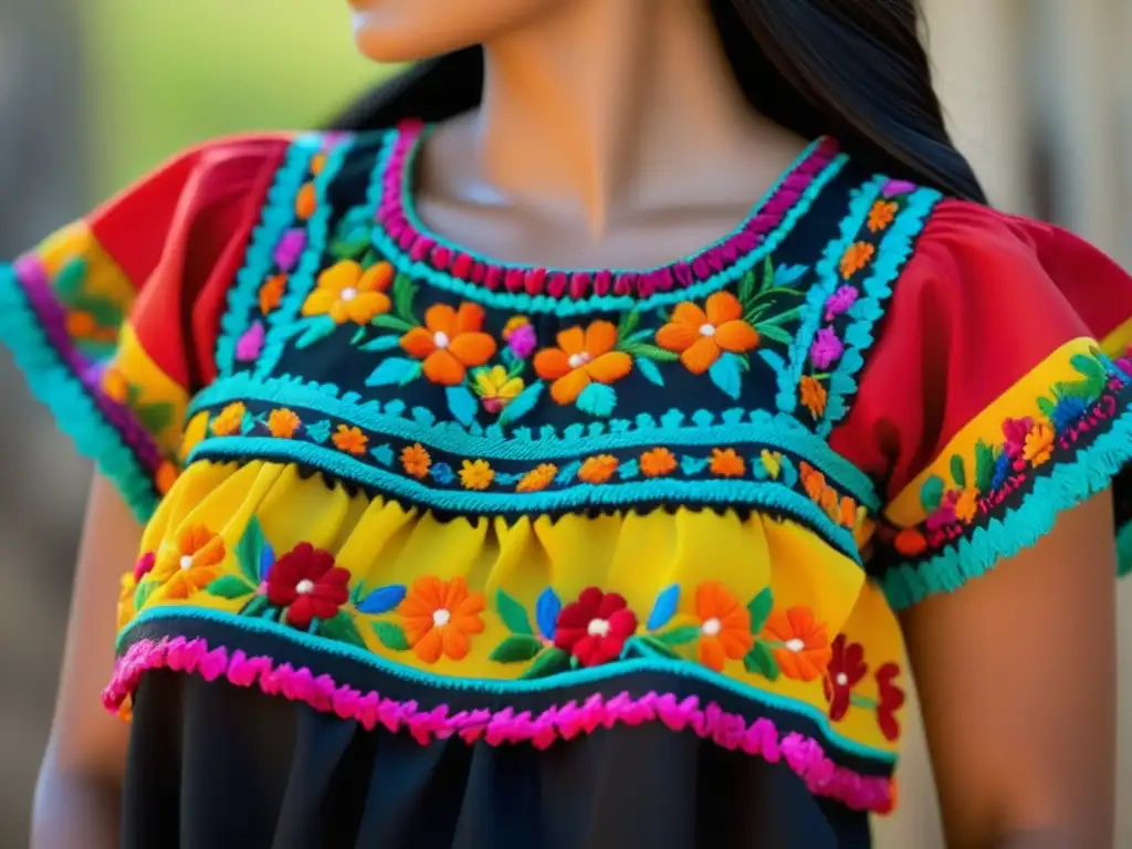 Tradiciones festivas mexicanas reveladas: Blusa bordada en colores vibrantes y detalles intrincados, resaltando la herencia cultural