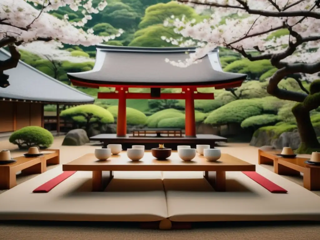 Escena hermosa de una boda tradicional japonesa con mesa de sake y pareja vestida de novios