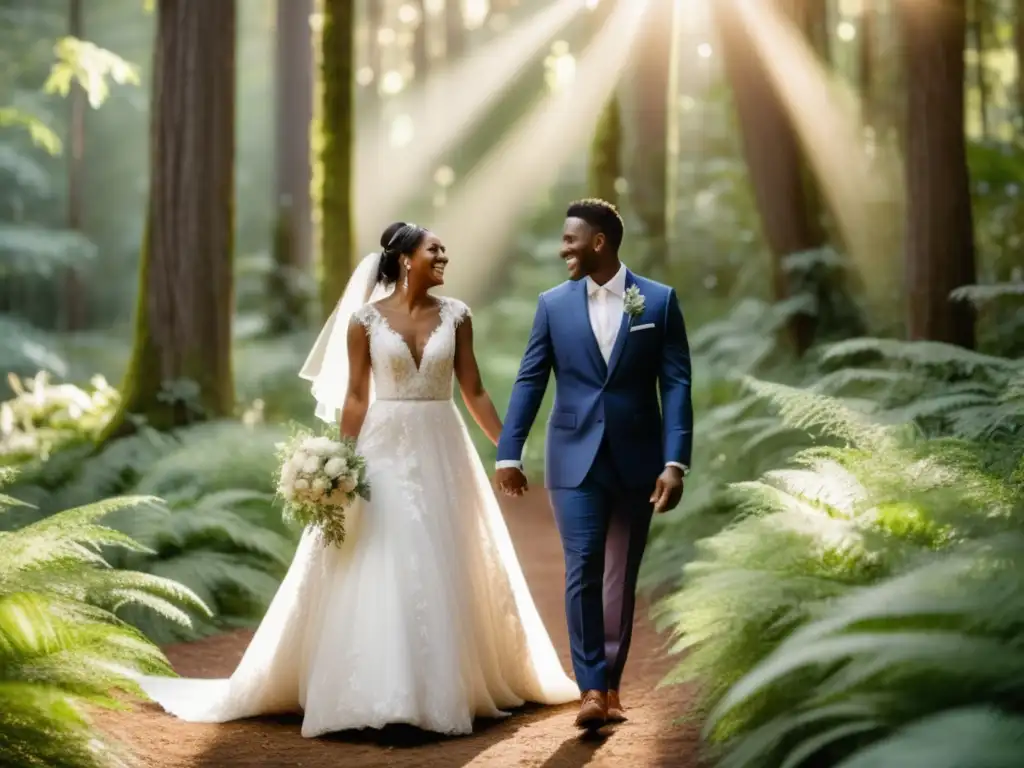 Novios felices en un bosque encantado, música y tradición en bodas -