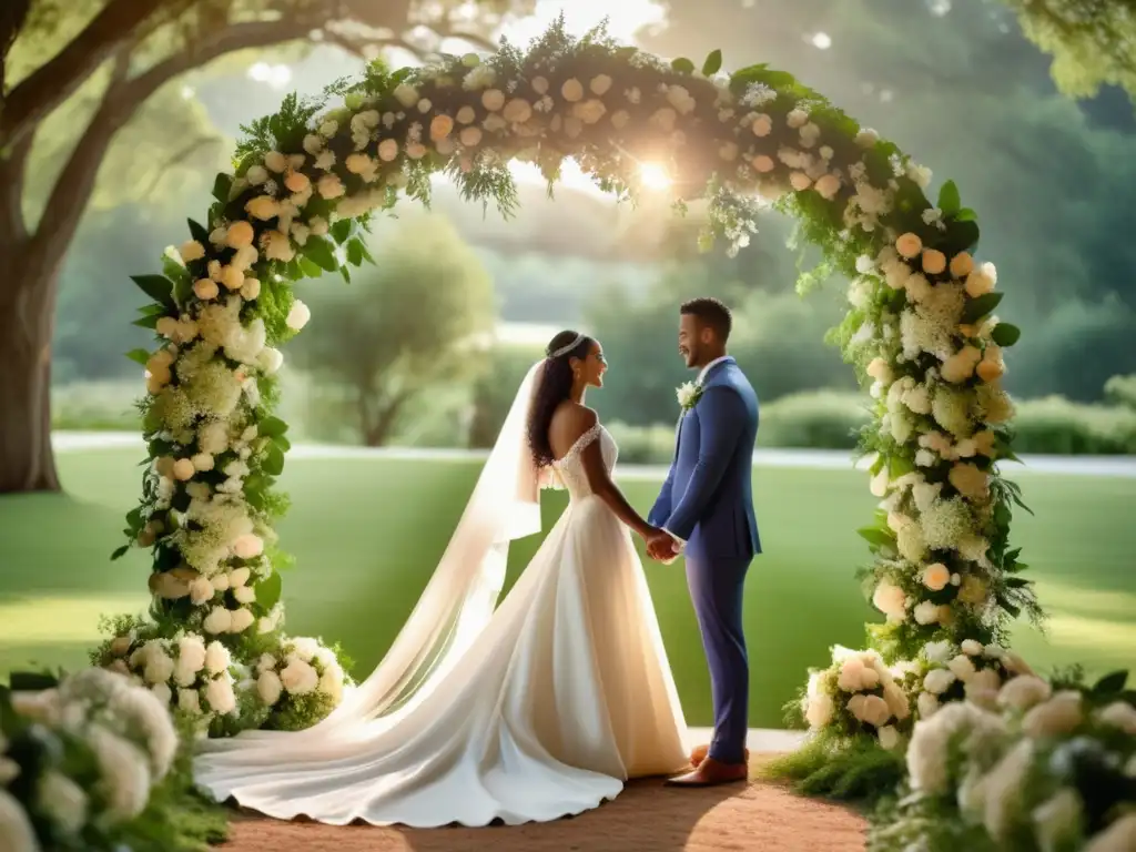 Pareja bajo arco de boda decorado, rodeado de naturaleza, música moderna en bodas