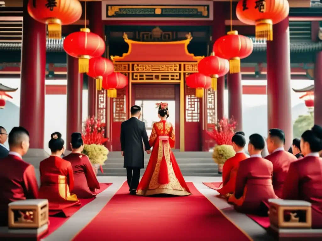 Escena detallada de una boda china tradicional con simbolismo cultural en cada ritual