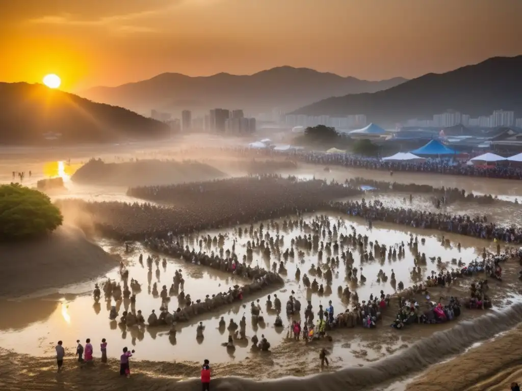 Festival Boryeong Mud en Corea del Sur: Escena etérea captura la esencia del festival, con personas disfrutando actividades en el lodo