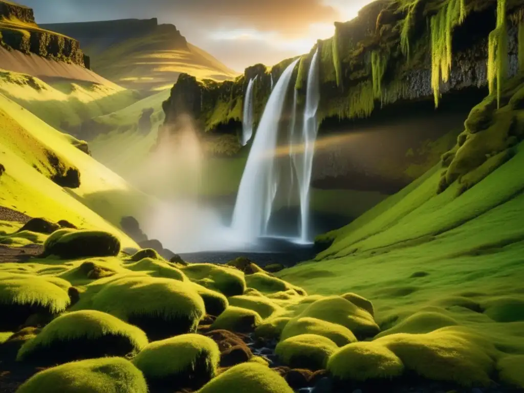 Bosque encantador en Islandia, con árboles cubiertos de musgo verde y cascada, Festival de los Elfos Islandia