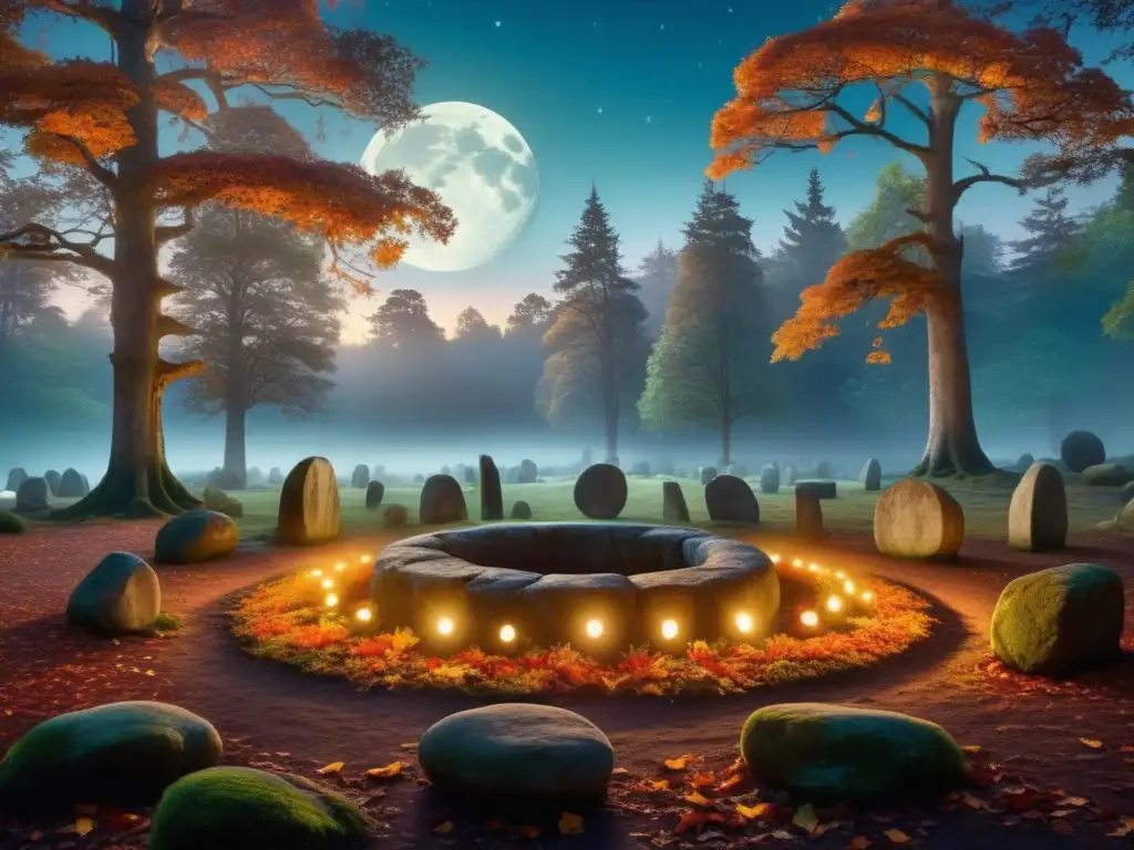 Descubriendo raíces Samhain: Halloween celta - Bosque místico con luna llena, árboles antiguos y círculo de piedra