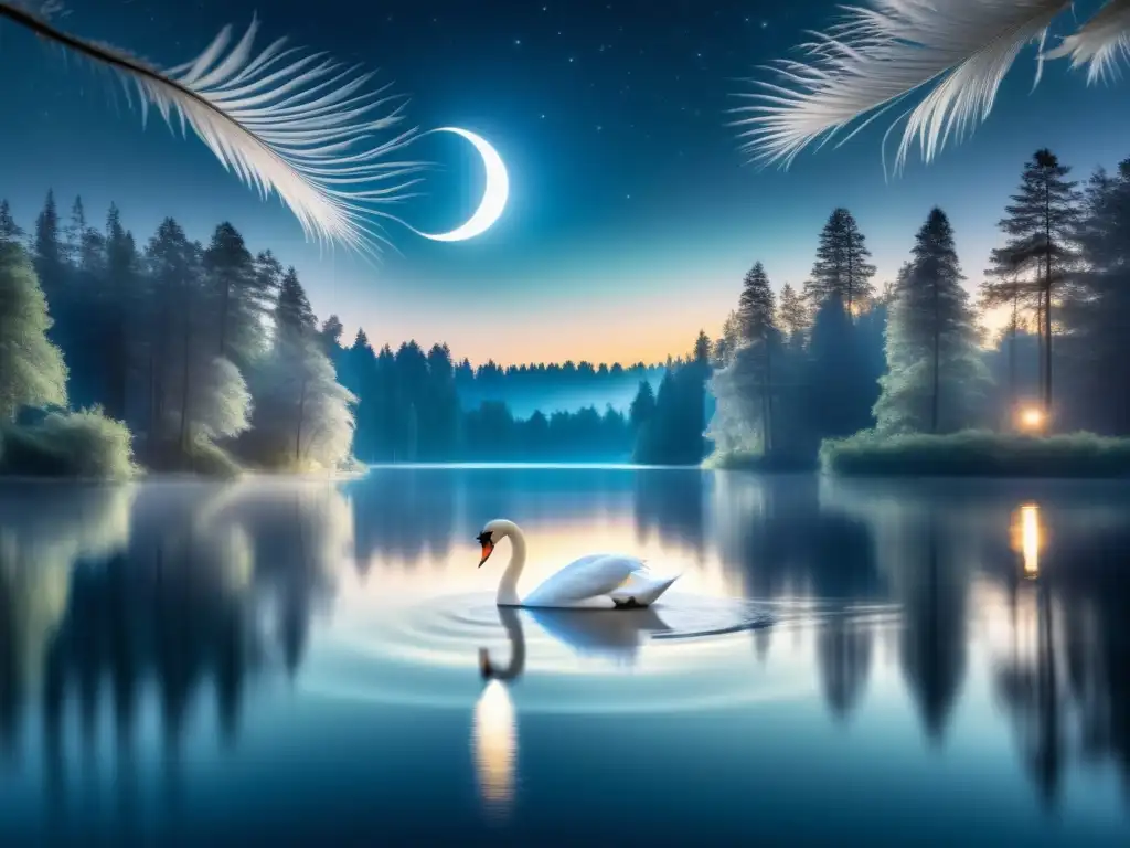 Imagen del Festival de Danza de los Cisnes de China, bosque nocturno con árboles altos, lago sereno y cisne danzando