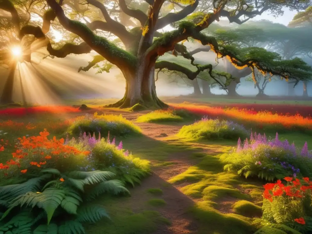 Bosque encantador en el amanecer, flores silvestres, festival de Beltane y raíces celtas