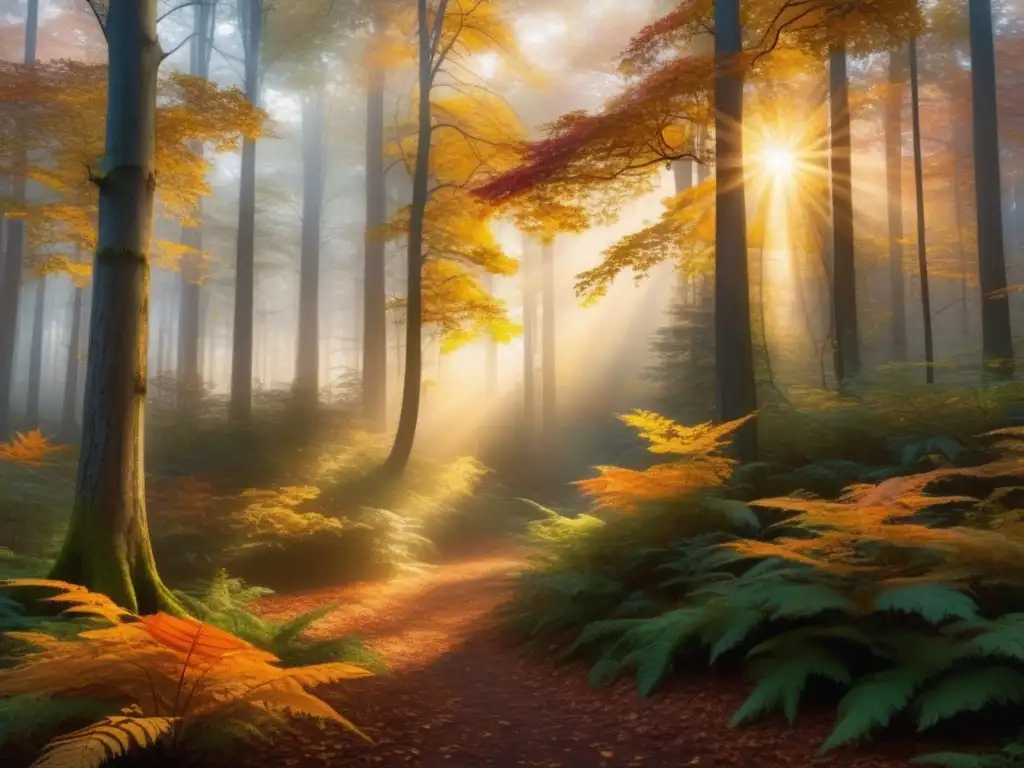 Ritos de paso en festivales tradicionales: Bosque místico al atardecer, árboles majestuosos, luz dorada y arroyo sereno