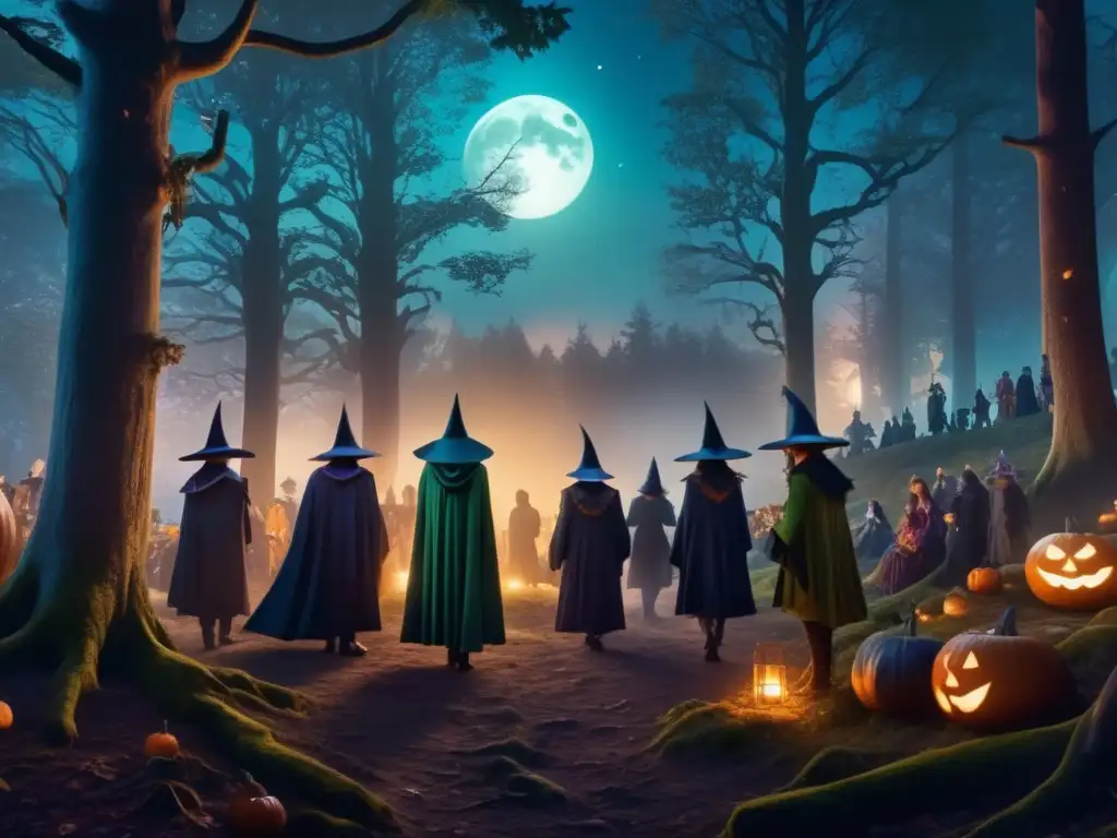 Evolución festividades Halloween música moderna en mágico bosque con personajes inspirados en géneros musicales