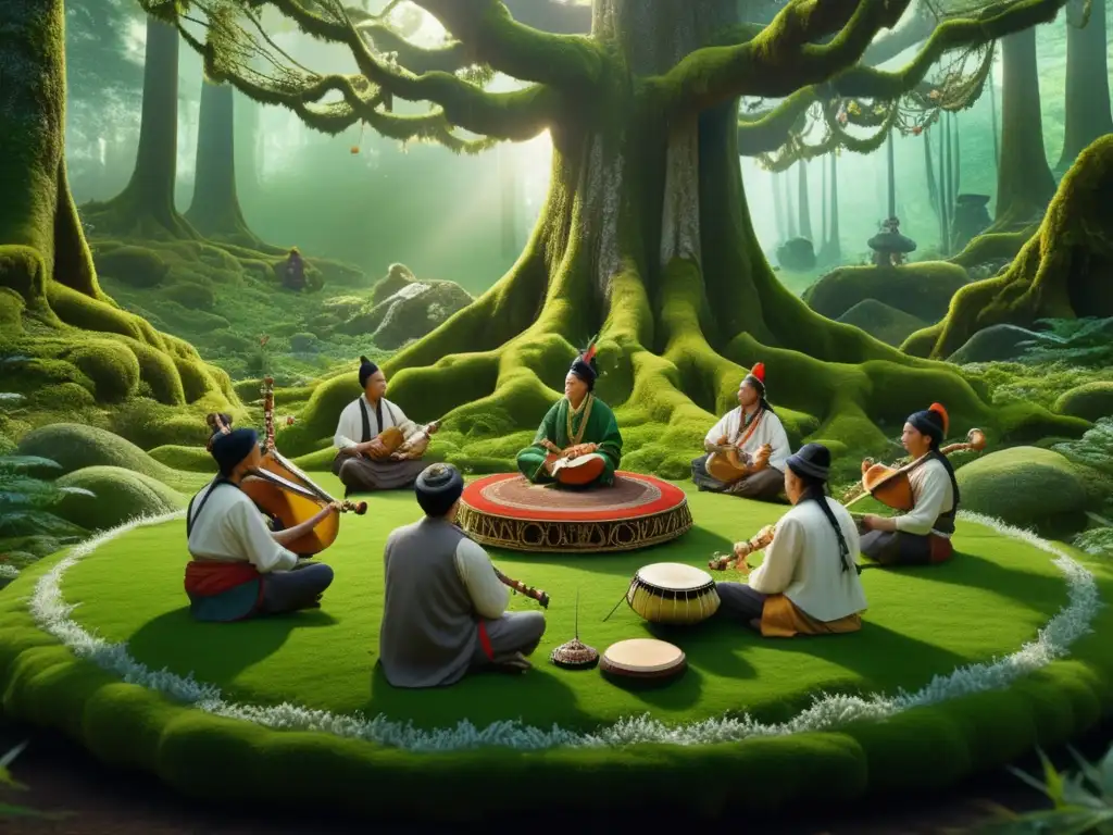 Músicos tradicionales en místico bosque: rituales musicales con significado (110 caracteres)