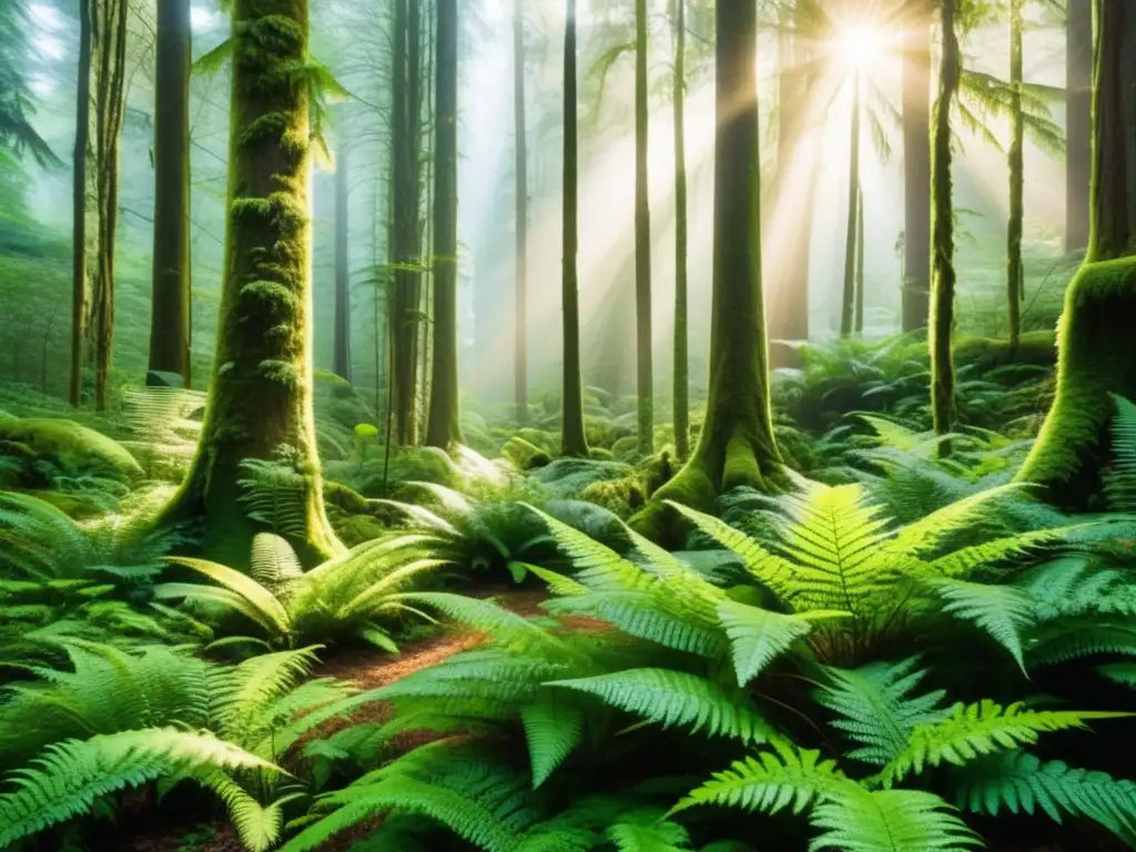 Un bosque verde exuberante bañado en una suave luz etérea