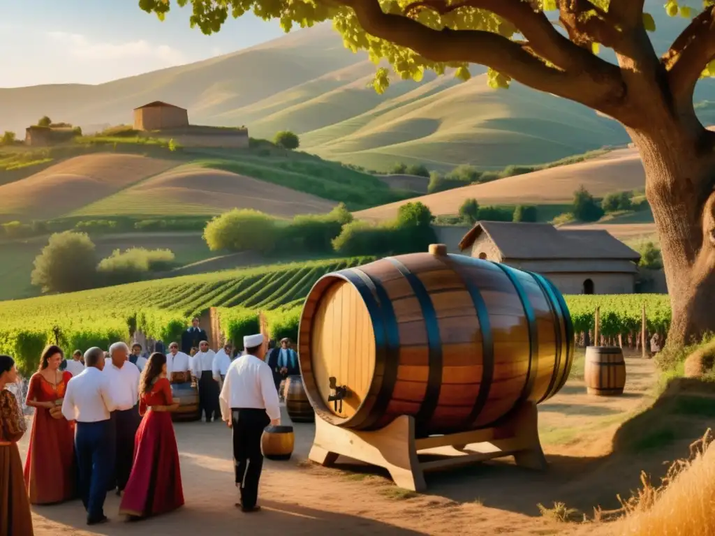 Festival tradicional de brandy en Armenia: escena etérea de la celebración con viñedos, locales en trajes tradicionales y barril adornado