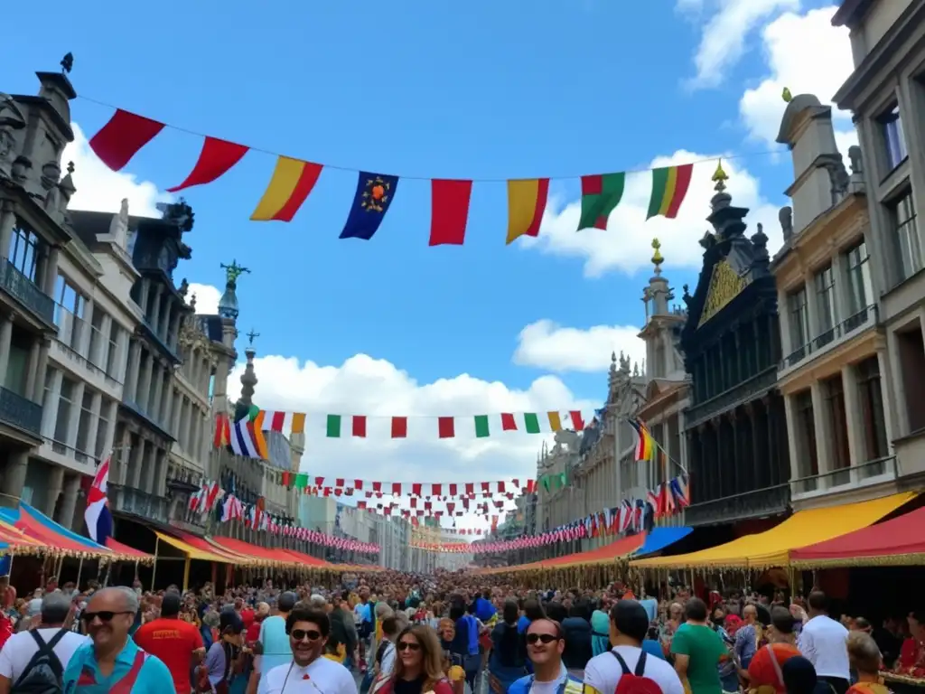 Festival de los Gigantes en vibrante calle de Bruselas: coloridos edificios, banderas y gigantes desfilando