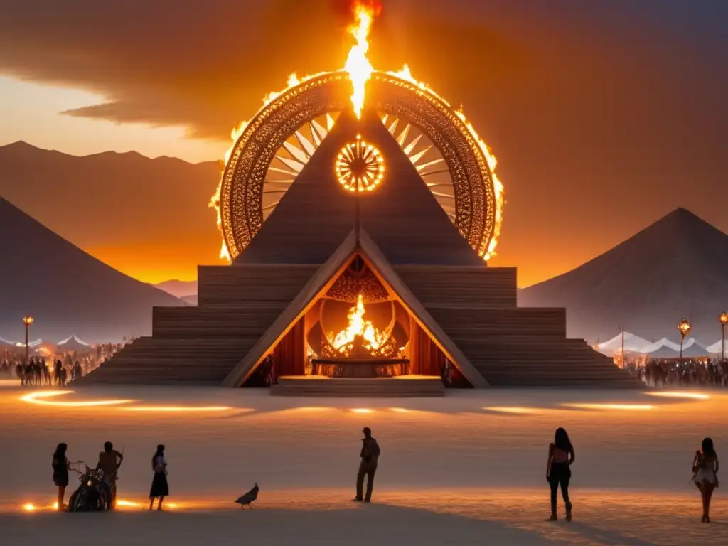 Fotorealista imagen del icónico festival Burning Man en el desierto de Black Rock, Nevada